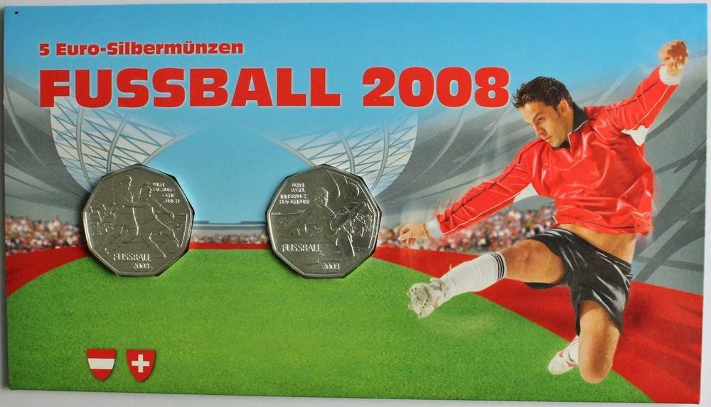 Carteira BNC Austria 5 € EURO 2008 2 moedas Comemorativas Prata