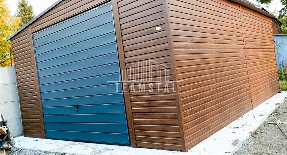 GARAŻ BLASZANY 5m x 7m dwuspad - Brama - ciemny orzech TS236 5x7