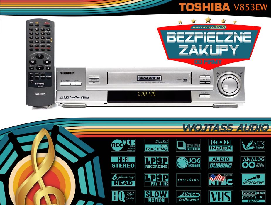 Wysokiej klasy magnetowid VCR TOSHIBA 6-głowicowy PRO DRUM NTSC jog