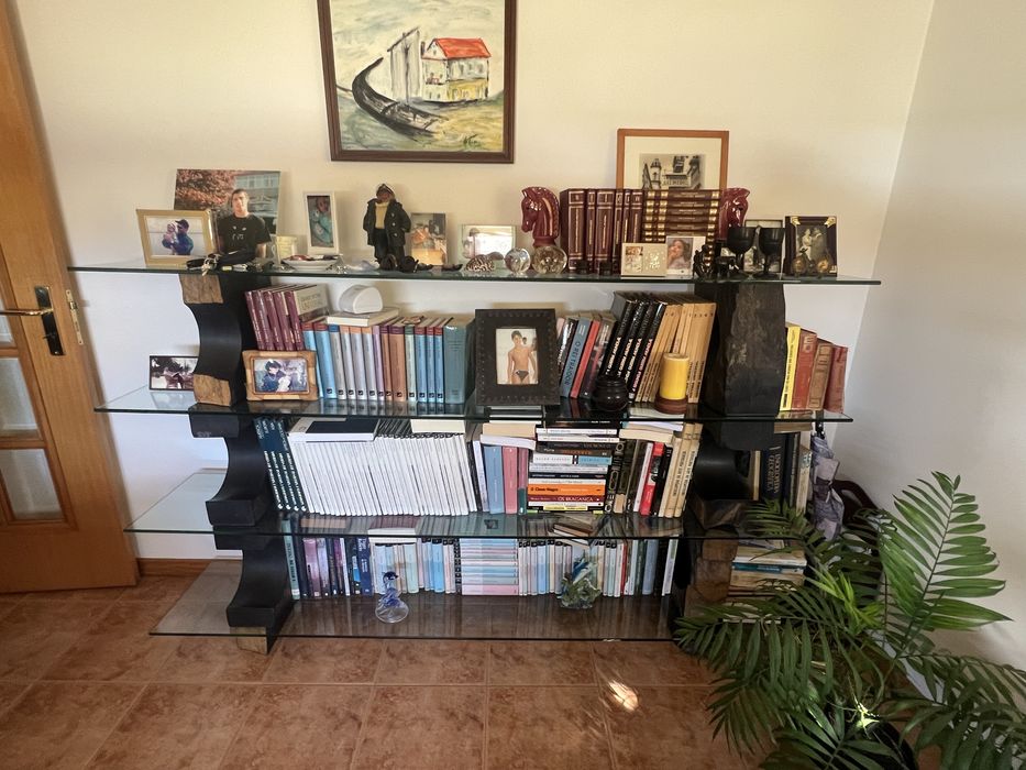 Mesa de vidro e xisto + estante