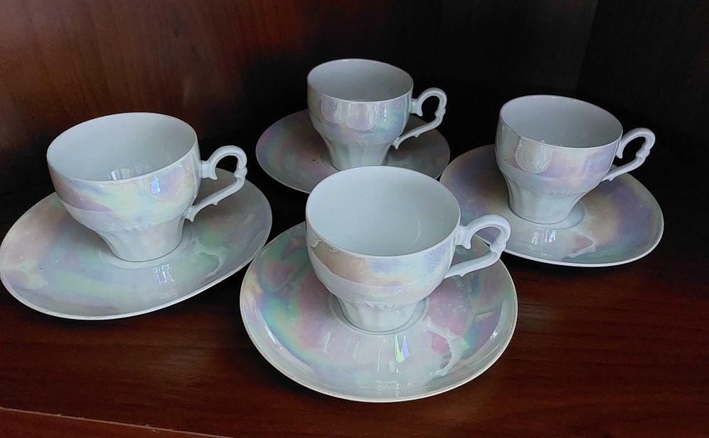 Ćmielów 4 razy duo kpl filiżanki tęczowe benzynka iryzowane opalizując