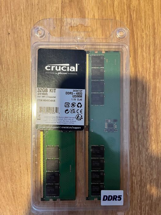 Crucial DDR5 32GB (2x16GB) 4800MHz CL40 CT2K16G48C40U5 - Novo, nunca usado