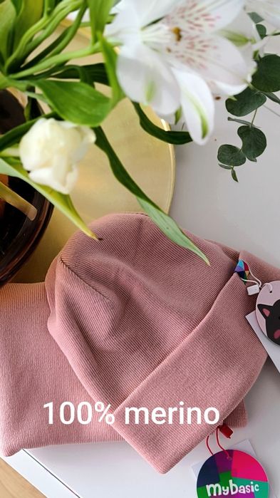 Czapka i szalik 100% merino pudrowy róż rozm.uniwersalny