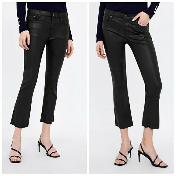 ZARA Spodnie ZW Premium BOOTCUT Cropped Coated Black Jeans Hit