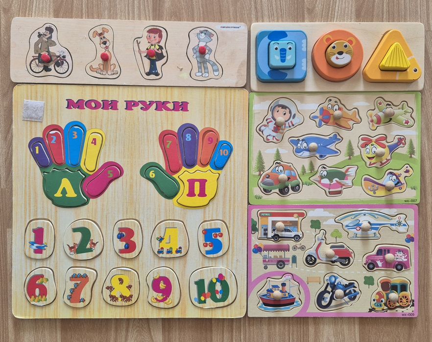 Пазли-вкладиші, обємні, піраміди, стукачки, пальчикові лабіринти, шнур