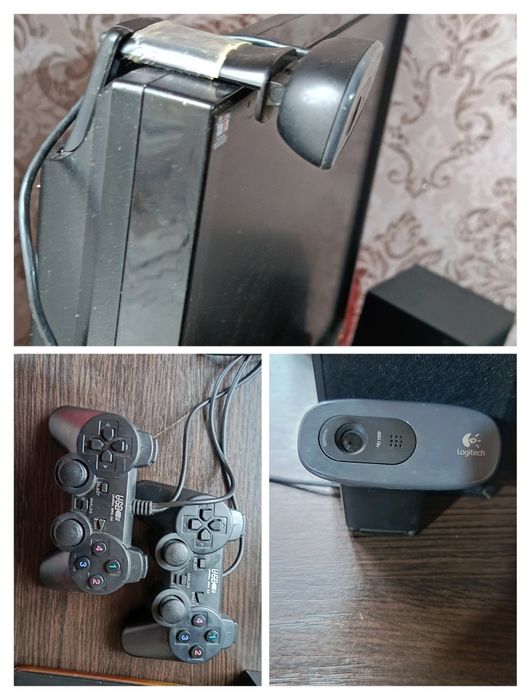 Компьютер + монитор + мышь + колонки + веб-камера + 2 джойстика+стол