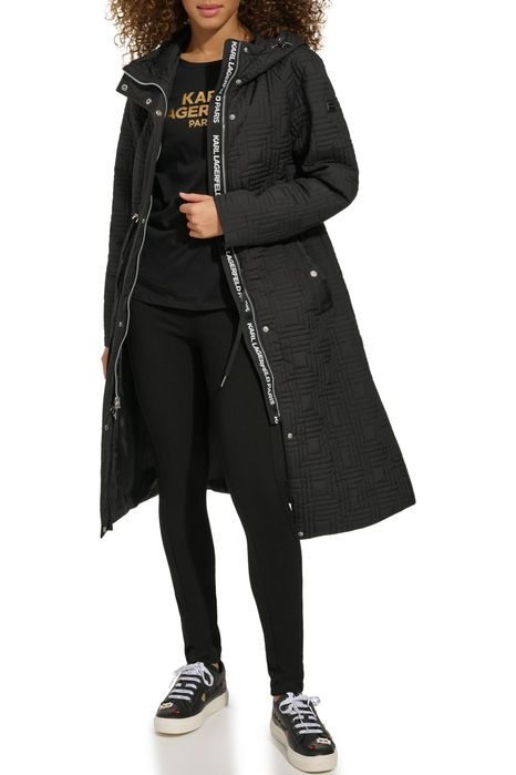 Płaszcz Karl Lagerfeld Paris XS – czarny, pikowany, kaptur, talia