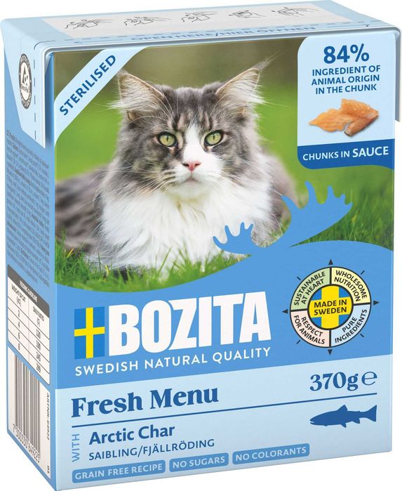 Bozita Fresh Menu Sterilised Arctic Char Pstrąg w sosie 12x370g kartonik bezzbóżowa karma dla dorosłych kotów po sterylizacji