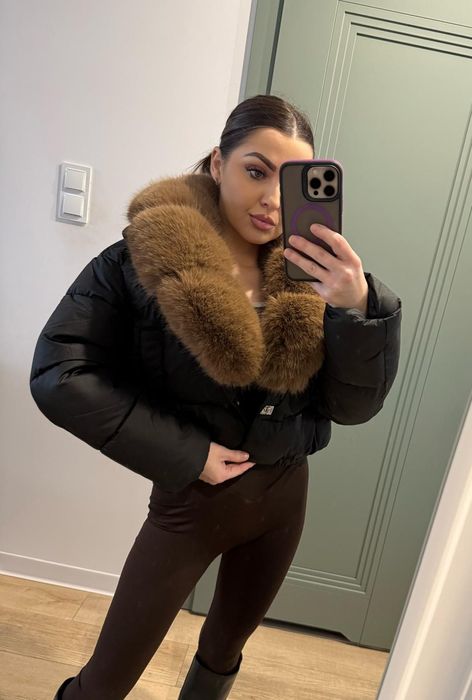 Czarna krótka kurtka z futerkiem kołnierz L XL