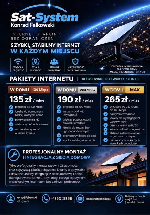 Instalacja internetu Satelitarnego Starlink, dla Ciebie lub twojej firmy