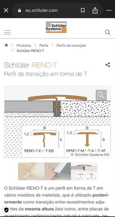 Perfil transição "T" pavimentos - Schlüter - aço inox escovado