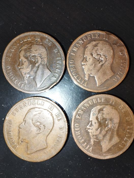 Moedas de 10 Centesimi 1862, 1863, 1866, 1893 e 1894 Itália em Cobre