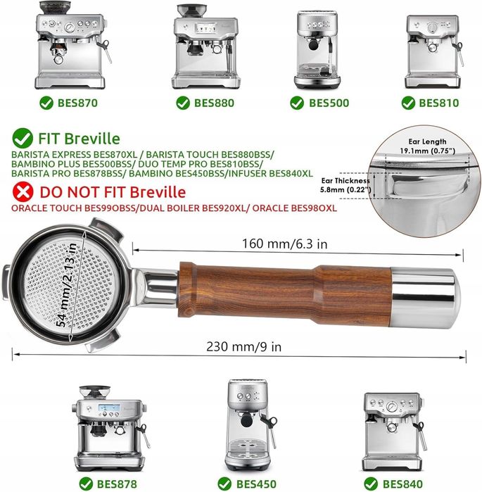 Kolba bez dna 54mm z sitkiem Puck Screen, uchwyt z drewna orzechowego