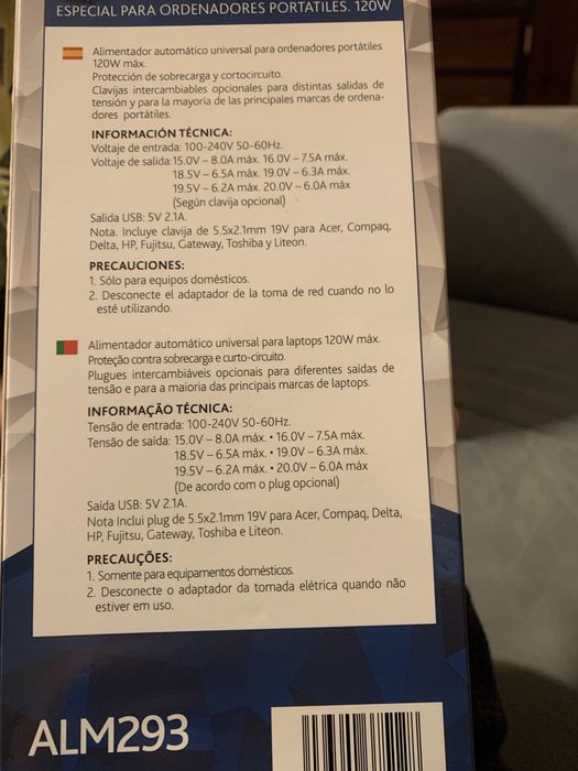 Carregador/Alimentador/ adaptador para PC universal 120W