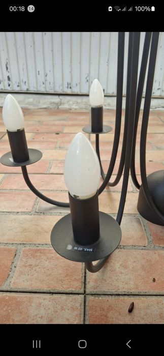 Candeeiro teto ferro preto 5 braços com lâmpadas