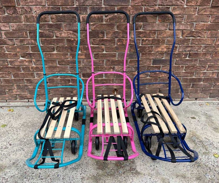 Детские санки на колесах Патріот санчата з ручкою складні 9 кольорів