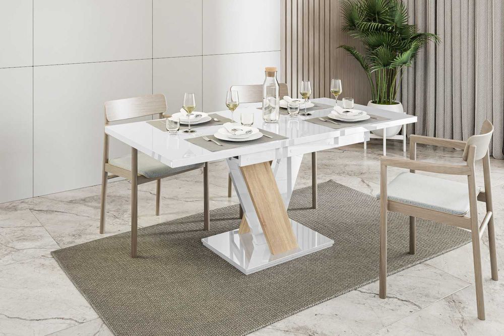 Stół jadalniany biały połysk / sonoma stół rozkładany 120-160cm salon