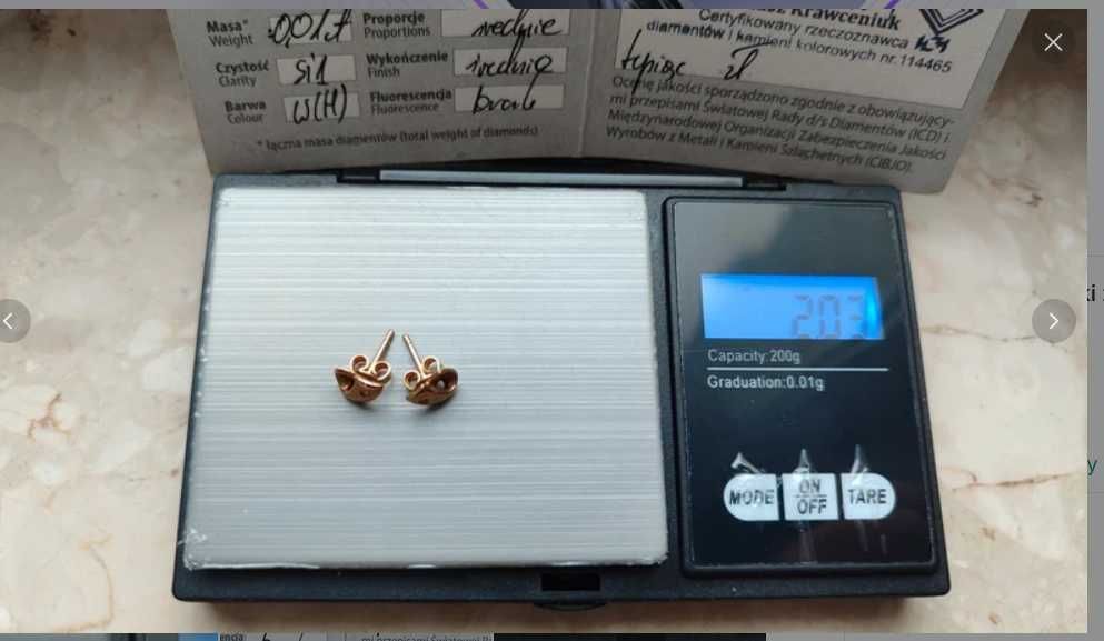 ZŁOTE kolczyki Z Brylantami  Wkrętki  Próba 585 Waga 2,03 GRAM