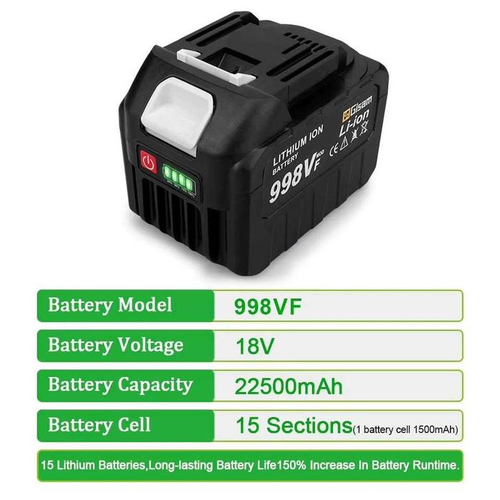 KIT DE 2 BATERIAS RECARREGÁVEIS 18V 22500mAh com Indicador de Bateria, para Ferramentas Makita,NOVO