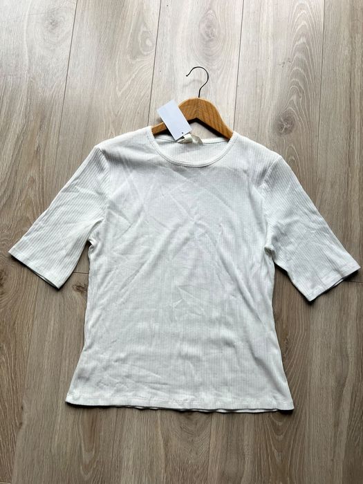 Bialy ażurowy t shirt prążkowany H&M L/40
