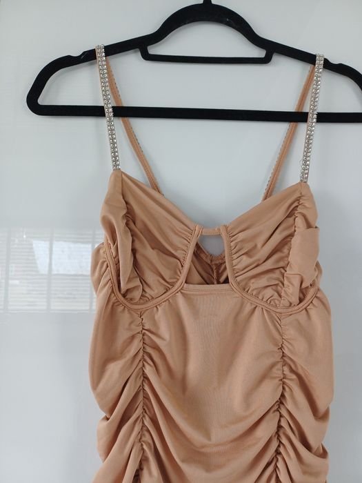 Sukienka długa beżowa marszczona elegancka wieczorowa diamenciki XL 42