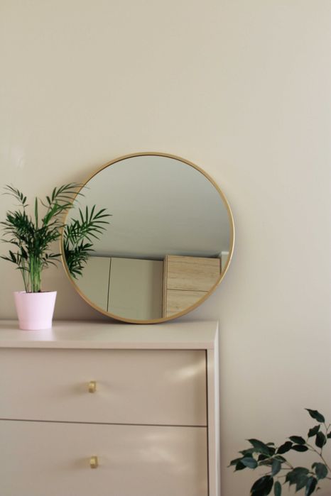 Lustro okrągłe złote w grubej ramie ścienne, do postawienia łazienka