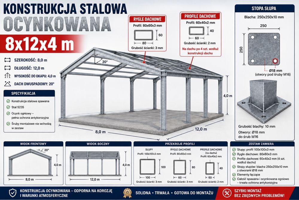 Konstrukcja stalowa hala stalowa 8x12 ocynkowana magazyn garaż wiata
