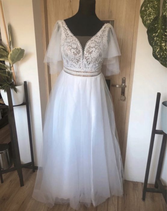 Suknia ślubna boho cudna błyszcząca odpinane rękawki