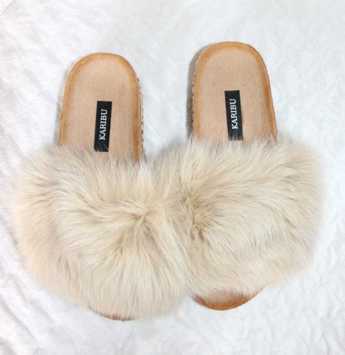 KARIBU klapki z futerkiem futerko bezowe futro 40 skóra skórzane
