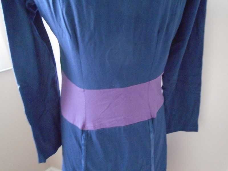 Vestido algodão azul com barra roxa