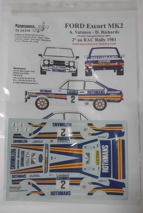 Ford Escort MK2 1/24 decalques Ari Vatanen RAC Rally 1981
