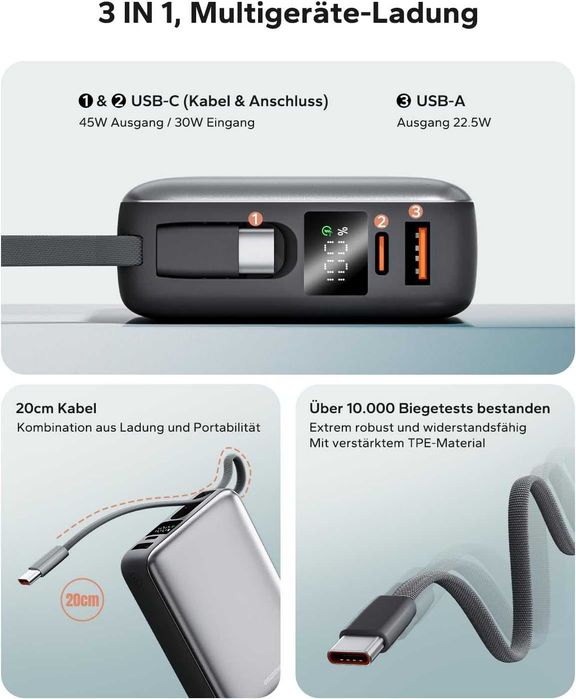 PowerBank 20000 mAh, 45 W, szybkie ładowanie do laptopa, Eazpower
