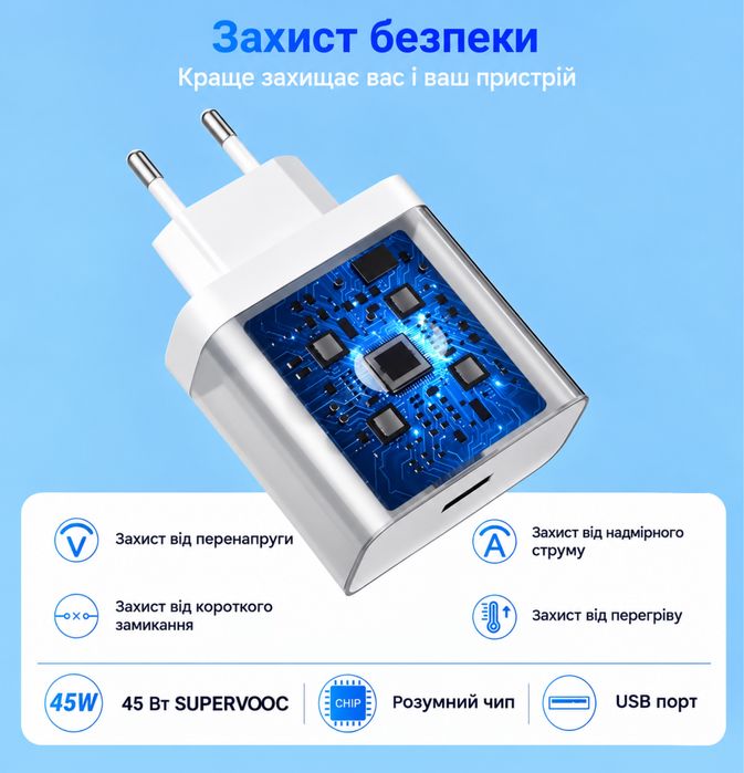 Зарядний пристрій Realme Oppo 45W SUPERVOOC Швидка зарядка USB Блок живлення