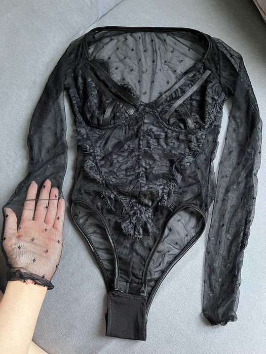 Body koronkowe siateczkowe imprezowe długi rękaw XXXS/XXS