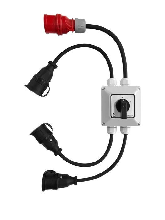 Przejściówka z wyłącznikiem 0-1, gniazda 3x230V | wtyczka 16A 5P 400V