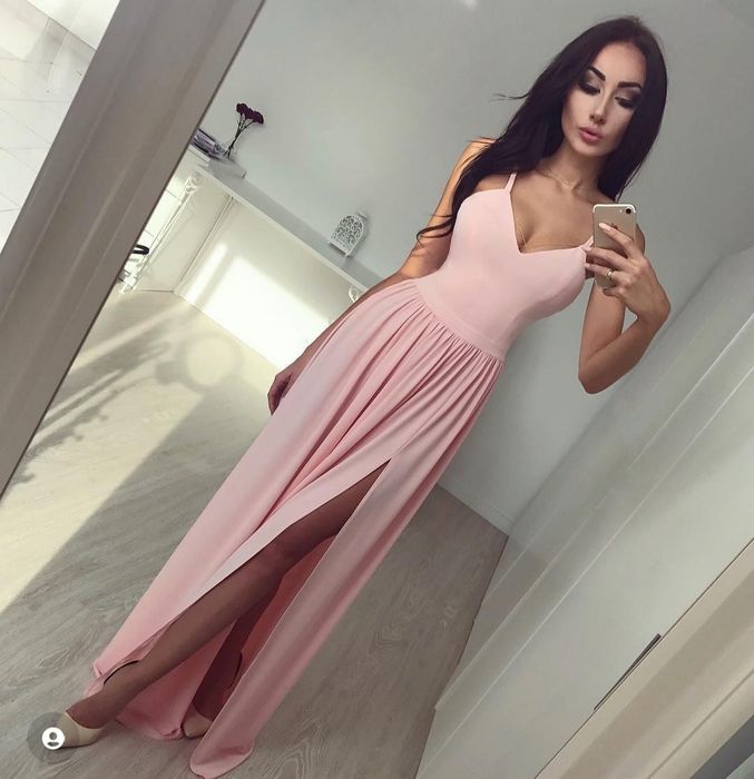Piękna sexowna maxi pudrowy róż ślub wesele urodziny sylwestra karnawa
