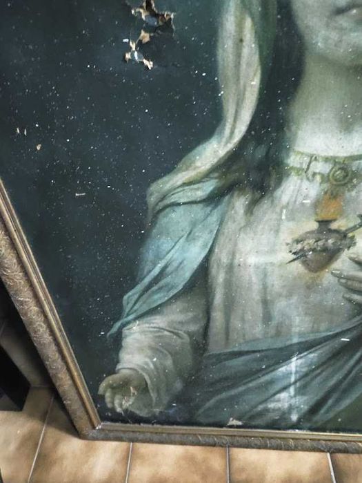 Gravura religiosa antiga emoldurada do Imaculado Coração de Maria