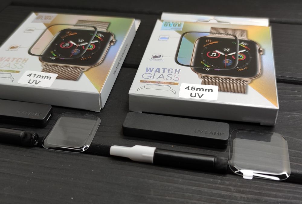 Стекло изогнутое на Apple Watch 41 mm/ 45 mm УФ клей. Прозрачное скло