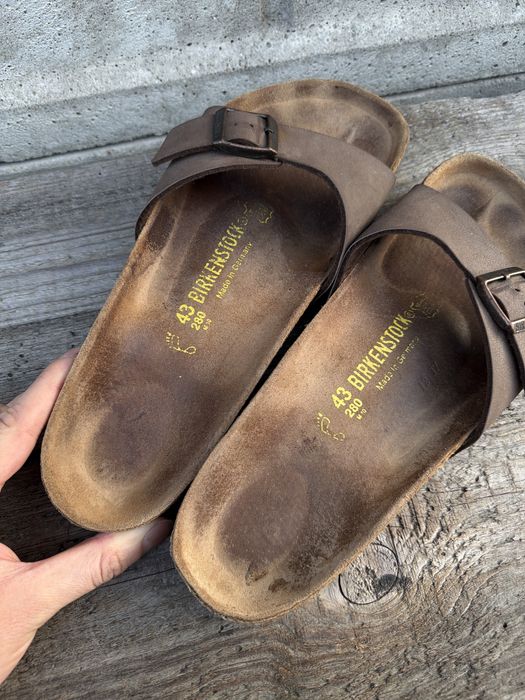 Brązowe, skórzane klapki sandały Birkenstock Madrid, rozmiar 43