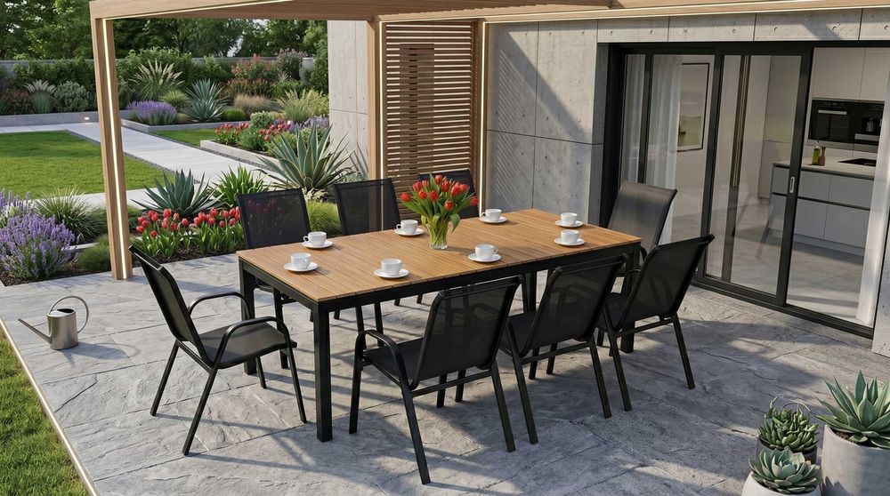 Zestaw Mebli Ogrodowych Aluminiowy 8 Osobowy Rozkładany stół 160-210cm i 8 Krzeseł Komplet na Taras NOWY