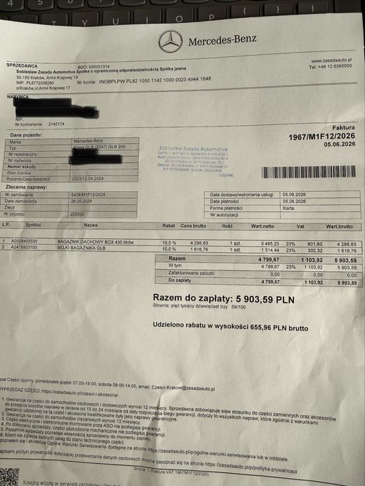 Bagaznik dachowy box 430L Mercedes i torby Kjust