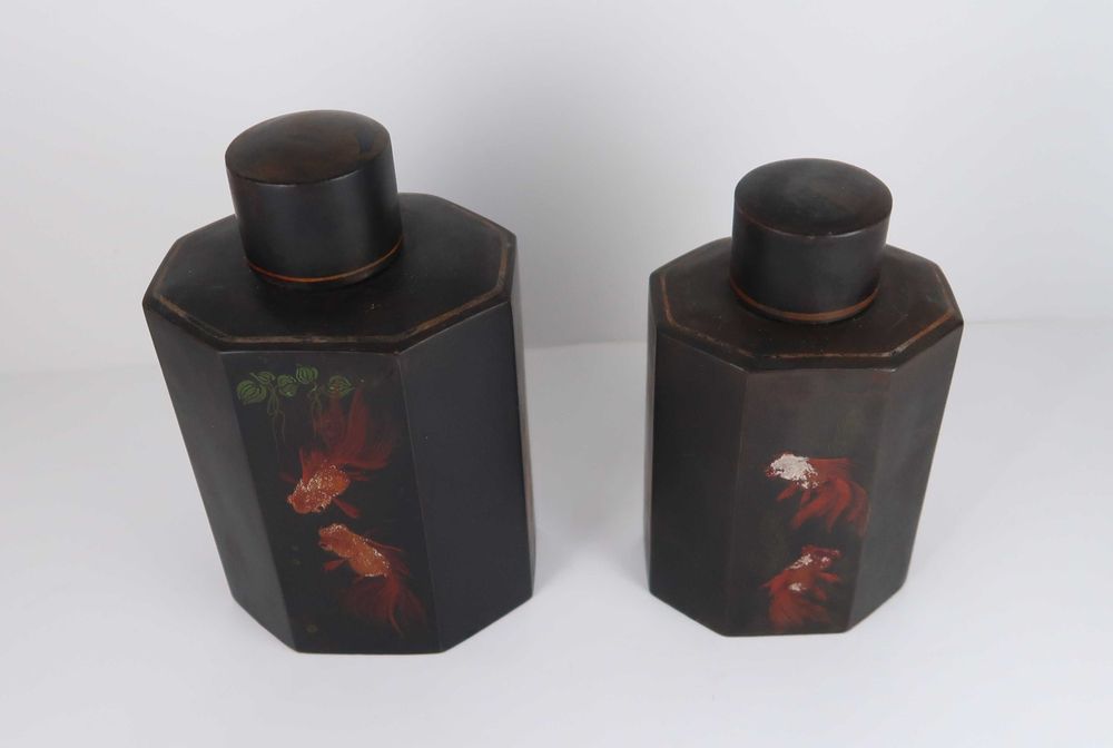 2 Caixas de chá chinesas laqueada em preto com carpas