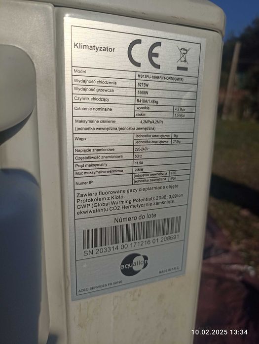 Klimatyzacja z funkcją grzania Equation jak nowa