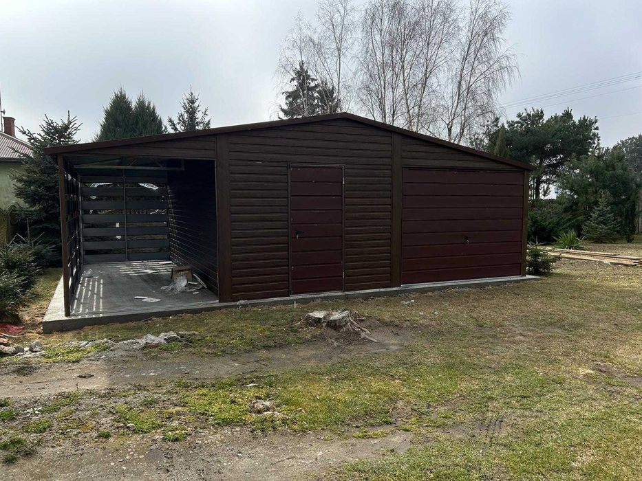 Garaż Blaszany 6x5 + Wiata 2x5 Drewnopodobny Premium Dach Dwuspadowy