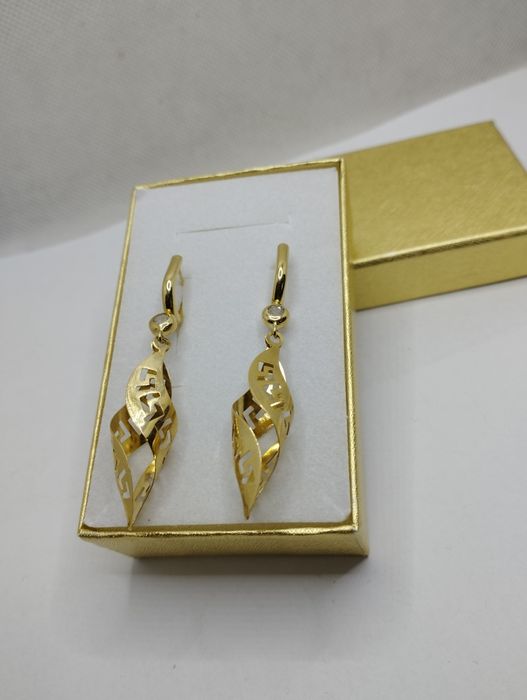 Złote kolczyki wiszące skręcone grecki motyw, złoto 585