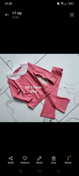 Komplet bluza z żabotem spodnie dzwony 92 98 różowy