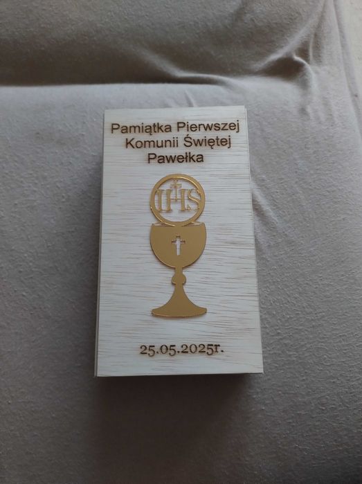 Drewniane pudełko na pieniądze / Komunia / grawer/ personalizowane