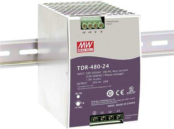 Fonte calha DIN 480W 24V 20A MEAN WELL TDR-480-24