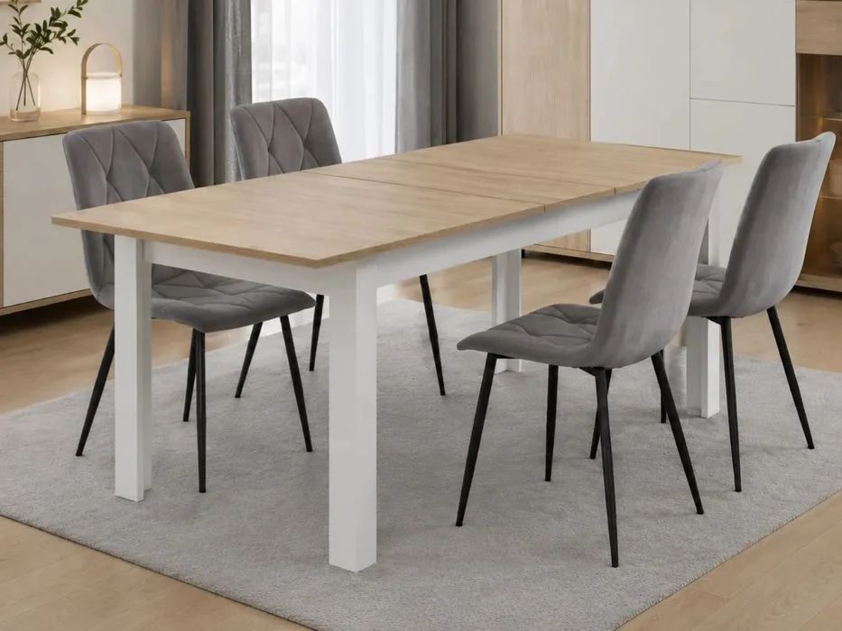 NOWY Stół Rozkładany 120/160x80 cm Duży z Krzesłami Do Kuchni Jadalni Salonu Stół Dąb Sonoma Biały i Krzesła Kuchenny Meble do Domu Zestaw Komplet FV!