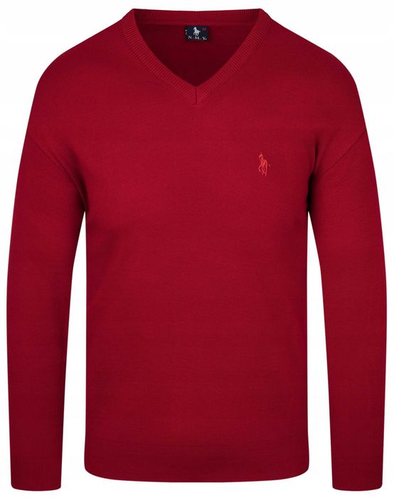 Sweter Męski V Serek- Wełna - KNK - czerwony